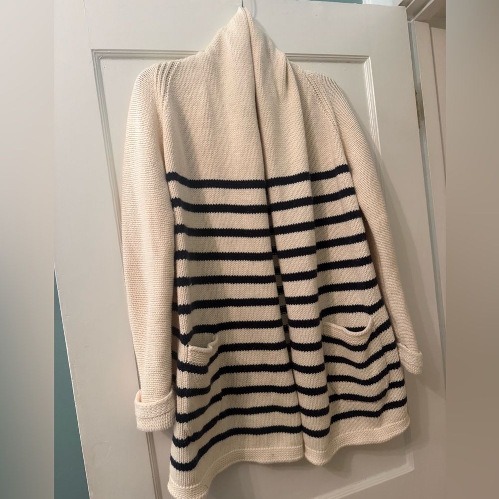 J CREW Cream & Navy Stripe Cardigan Size Medium M EUC